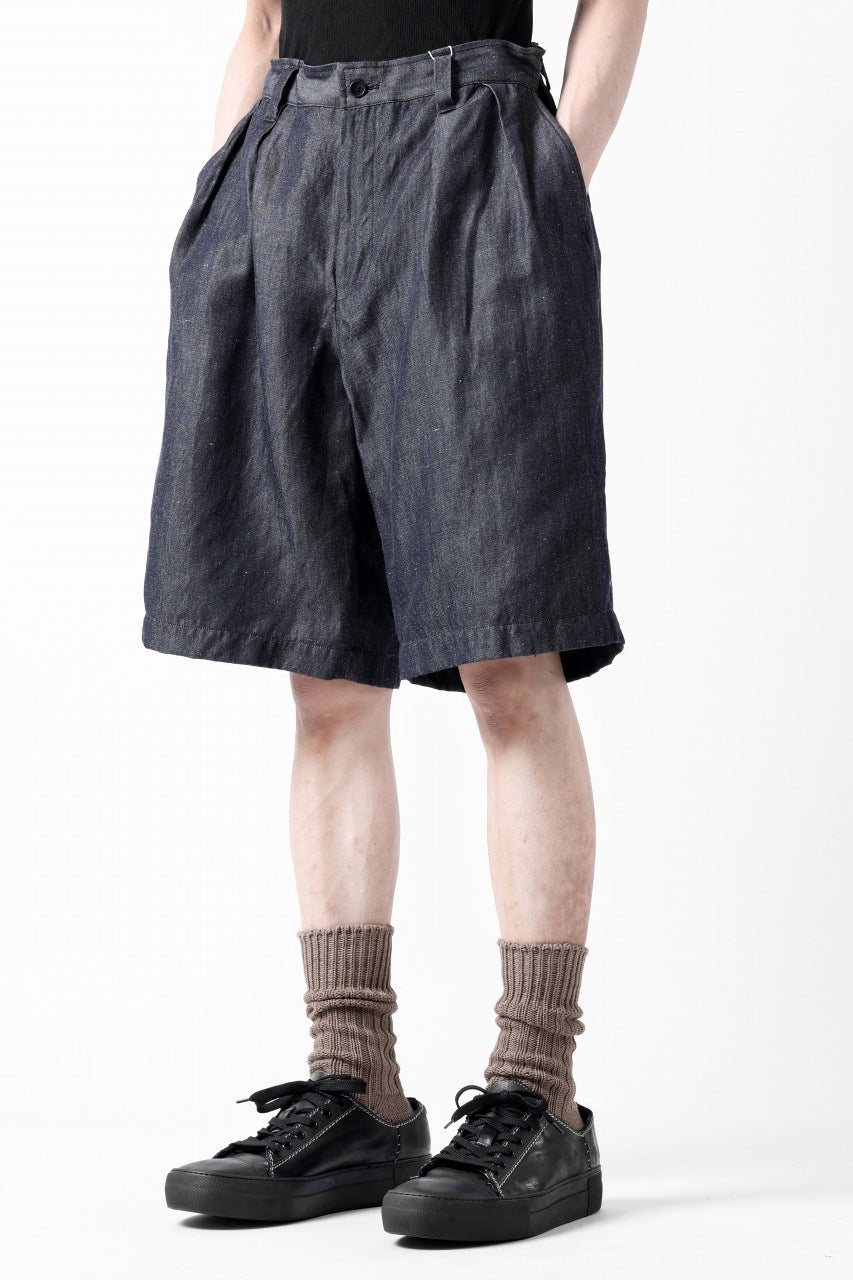 CAPERTICA 2-TUCK WIDE SHORTS / WASHABLE WOOL x LINEN GABARDINE (DARK NAVY)