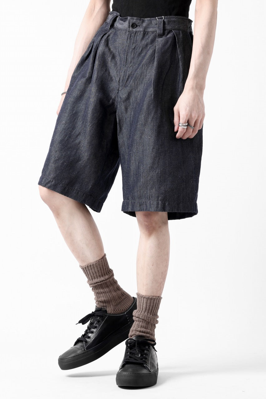 CAPERTICA 2-TUCK WIDE SHORTS / WASHABLE WOOL x LINEN GABARDINE (DARK NAVY)