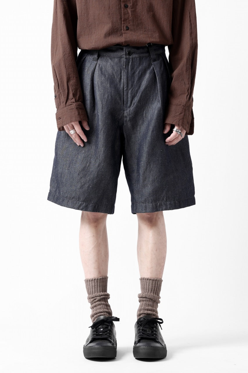 CAPERTICA 2-TUCK WIDE SHORTS / WASHABLE WOOL x LINEN GABARDINE (DARK NAVY)