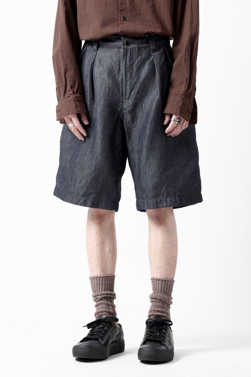 CAPERTICA 2-TUCK WIDE SHORTS / WASHABLE WOOL x LINEN GABARDINE (DARK NAVY)