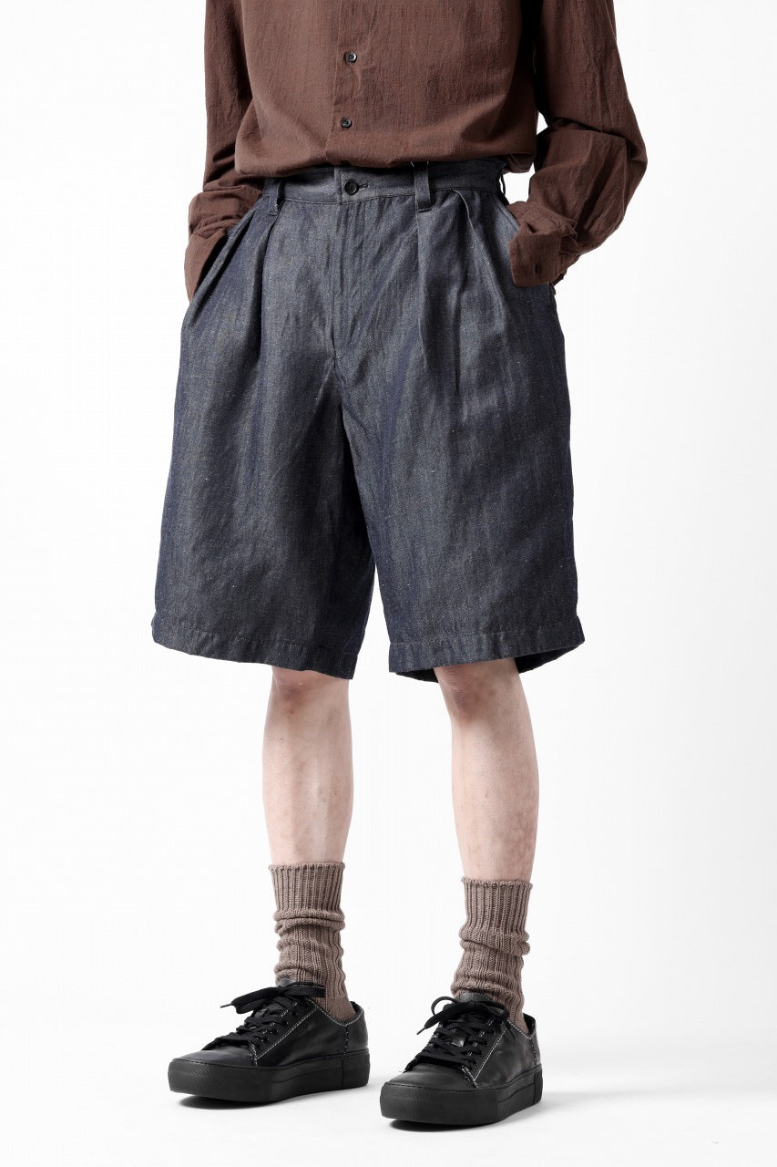 CAPERTICA 2-TUCK WIDE SHORTS / WASHABLE WOOL x LINEN GABARDINE (DARK NAVY)