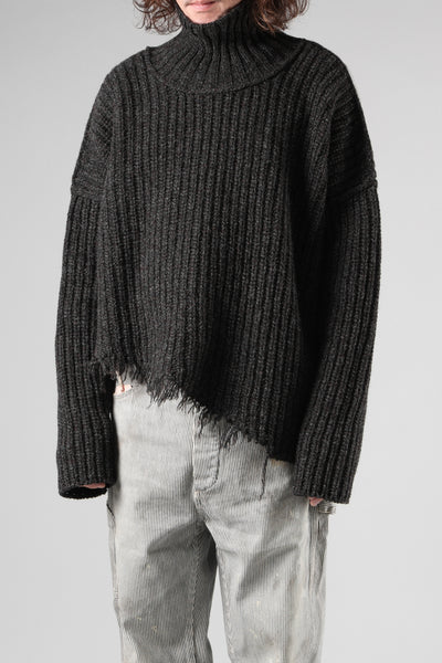 ISABEL BENENATO Wool Turtle-Neck Sweater width A Relaxed Fit and Asymmetrical Fringed Hem (GRAPHITE)