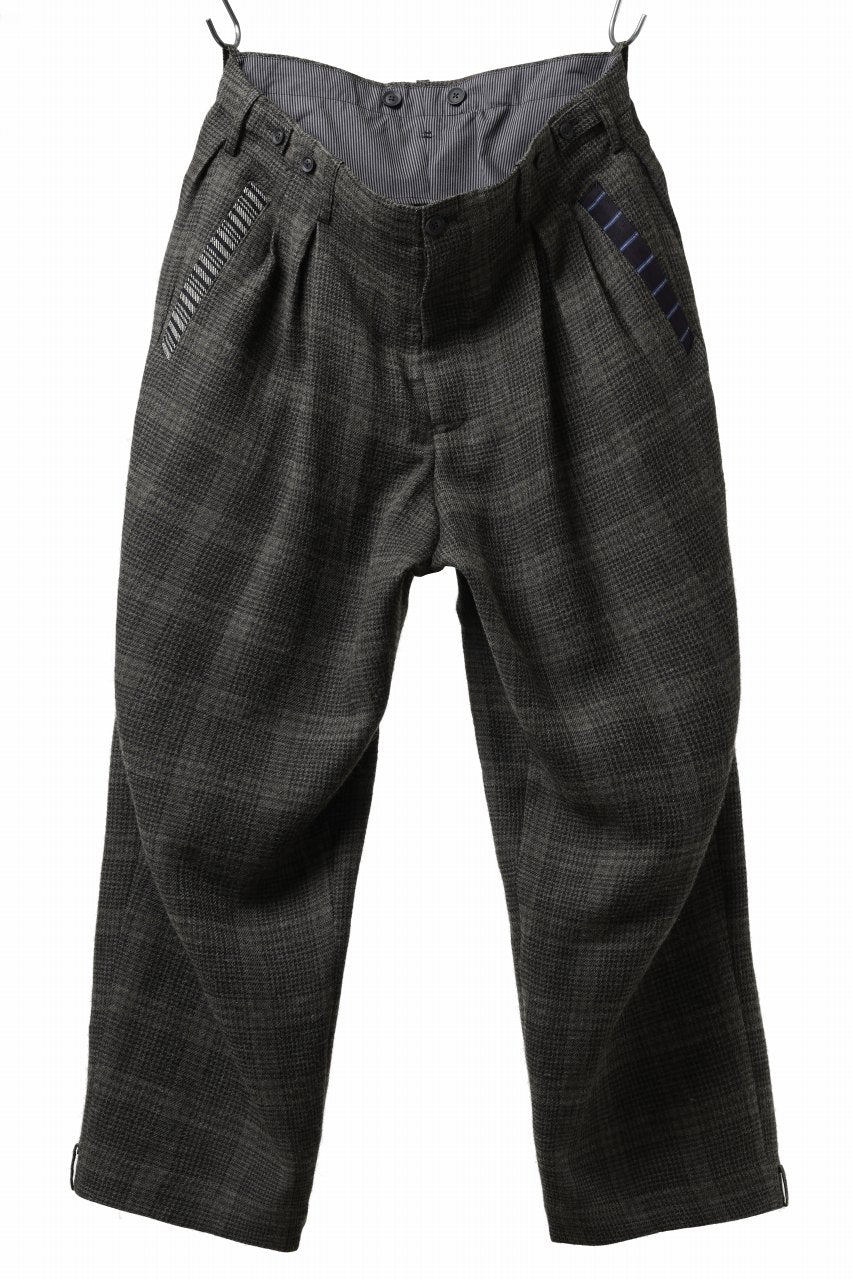 Y's for men CHECK WIDE PANTS with HEM TUB / JP INK DYED LINEN / WOOL (BROWN)