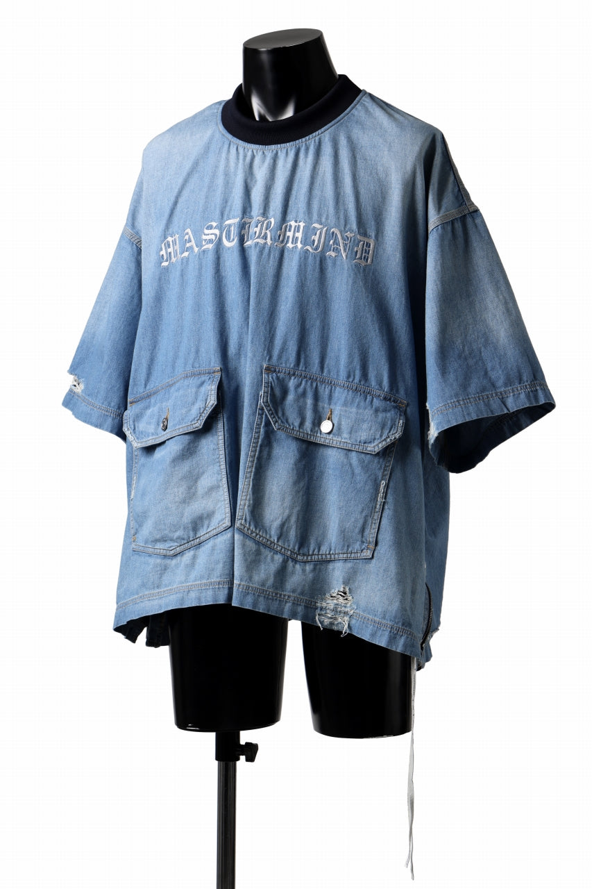 mastermind JAPAN DISTRESSED SS PULLOVER DENIM SHIRT (INDIGO)