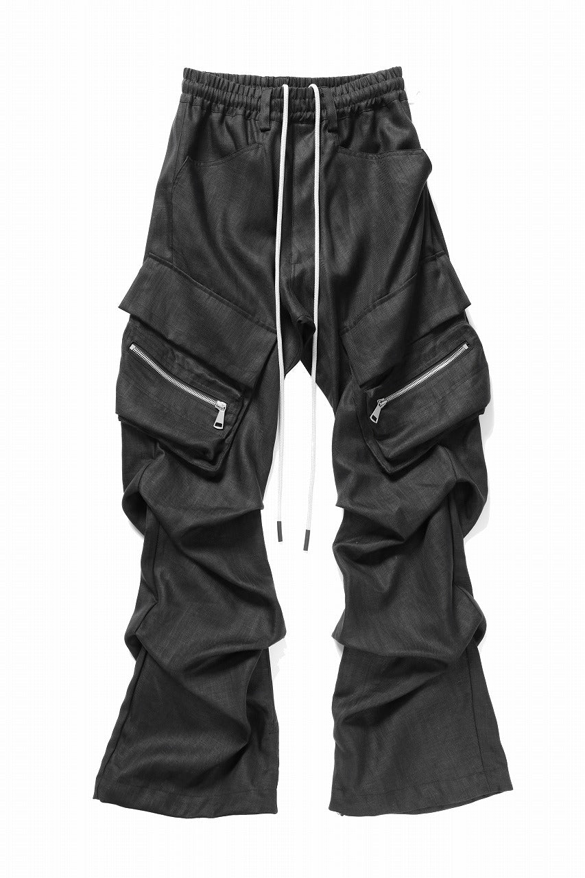 A.F ARTEFACT HERRINGBONE LINEN CARGO TUCK BAGGY PANTS (BLACK)