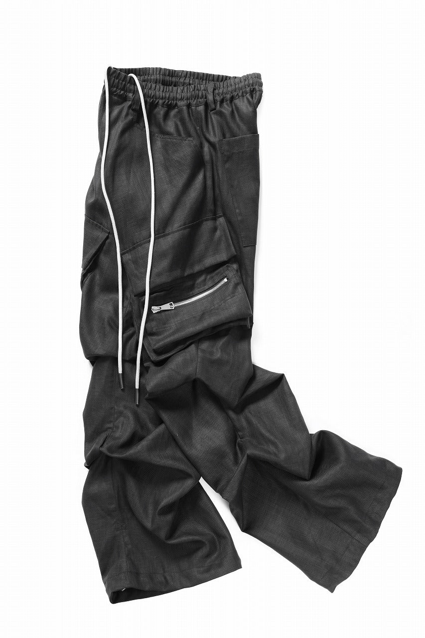 A.F ARTEFACT HERRINGBONE LINEN CARGO TUCK BAGGY PANTS (BLACK)