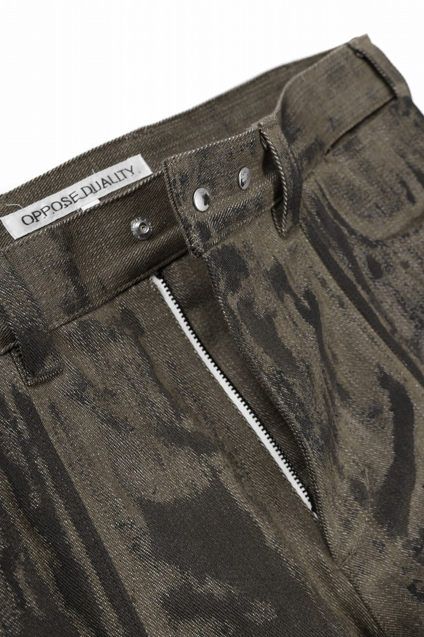 OPPOSE DUALITY 10POCKET PANEL DENIM TROUSERS / HAND PAINTED ACRYLIC RESIN (DIRT GREEN)