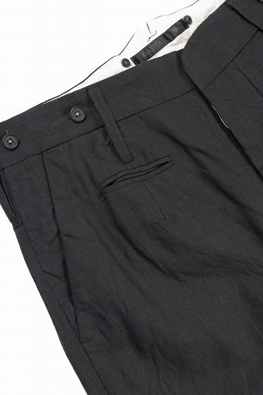 KLASICA "GALWAY" CUT OFF BOLD STRAIGHT TROUSERS / "END ON END" SUPER 120's WOOL x HEMP (MATT BLACK)