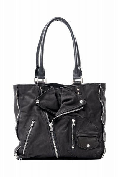 ISAMU KATAYAMA BACKLASH JAPAN CALF GARMENT-WASH RIDERS TOTE BAG (BLACK)