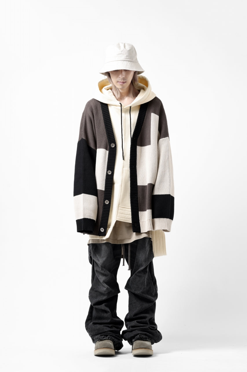 A.F ARTEFACT BLOCK-PANEL COTTON KNIT CARDIGAN /  (BLACK x GREY x BEIGE)