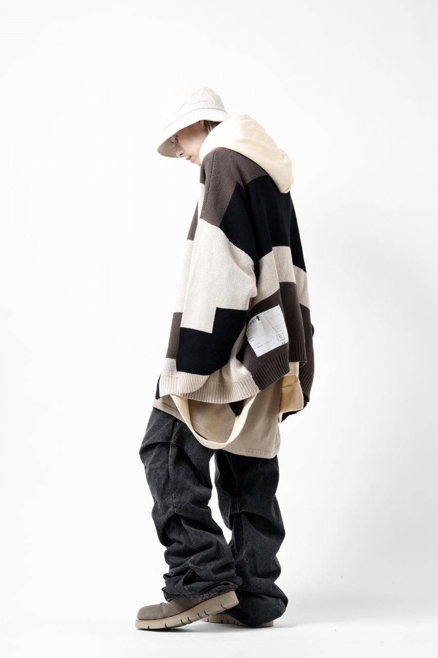 A.F ARTEFACT BLOCK-PANEL COTTON KNIT CARDIGAN /  (BLACK x GREY x BEIGE)