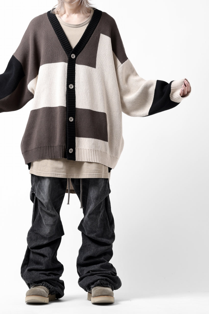 A.F ARTEFACT BLOCK-PANEL COTTON KNIT CARDIGAN /  (BLACK x GREY x BEIGE)