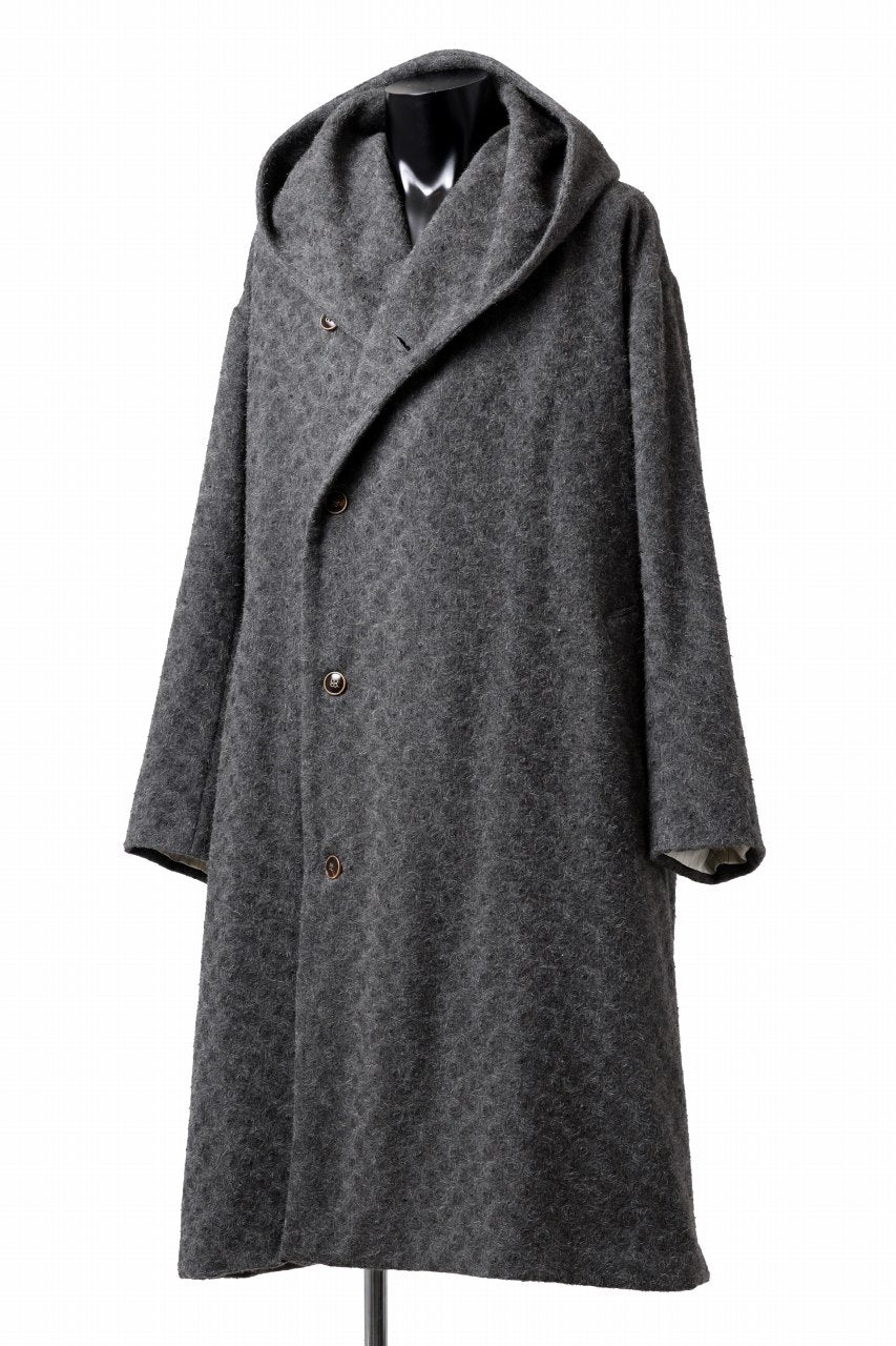 YUTA MATSUOKA hoodie wrap long coat / ostriched wild rabbit (dark gray)