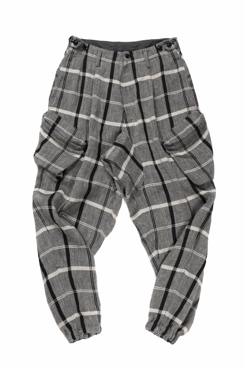 Y's ZIP POCKET TAPERED PANTS / LINEN PLAID (GREY)