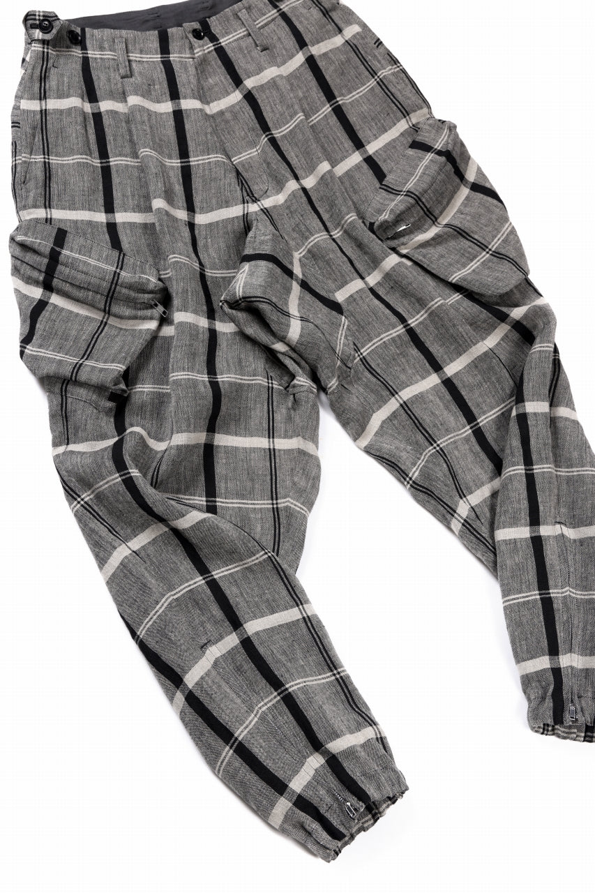 Y's ZIP POCKET TAPERED PANTS / LINEN PLAID (GREY)