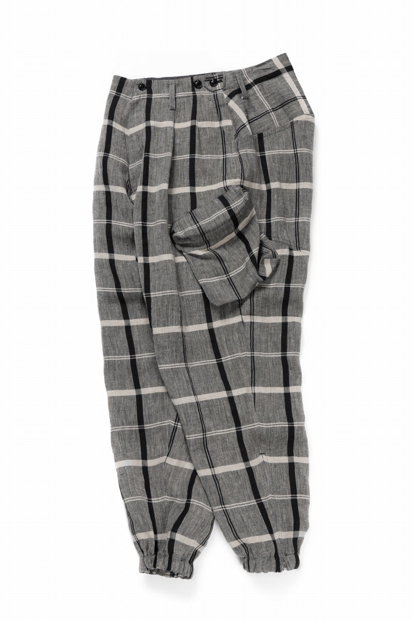 Y's ZIP POCKET TAPERED PANTS / LINEN PLAID (GREY)