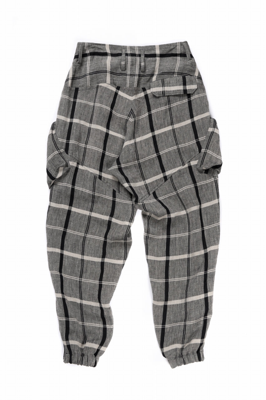 Y's ZIP POCKET TAPERED PANTS / LINEN PLAID (GREY)