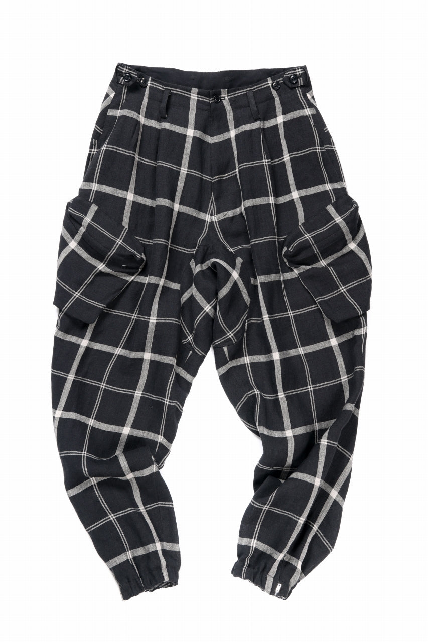 Y's ZIP POCKET TAPERED PANTS / LINEN PLAID (BLACK)