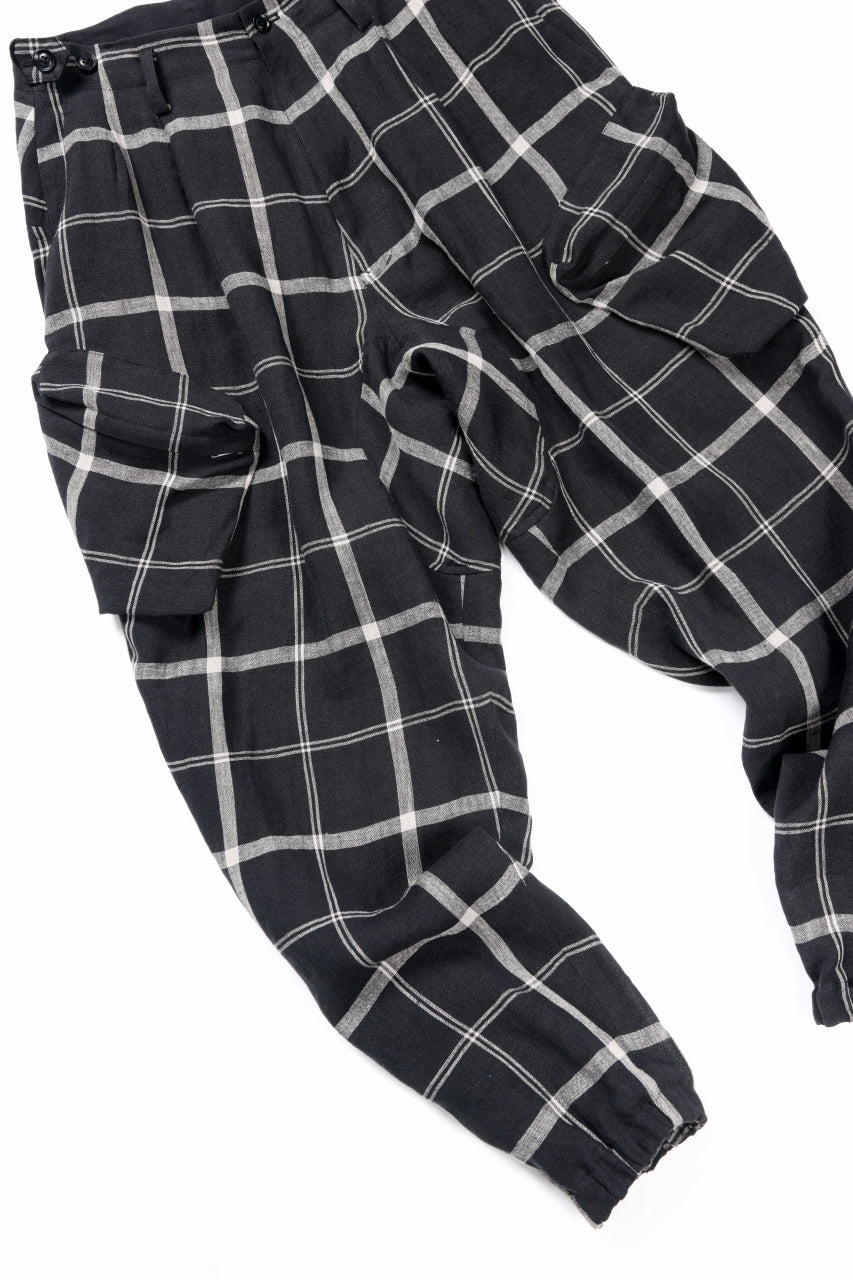 Y's ZIP POCKET TAPERED PANTS / LINEN PLAID (BLACK)