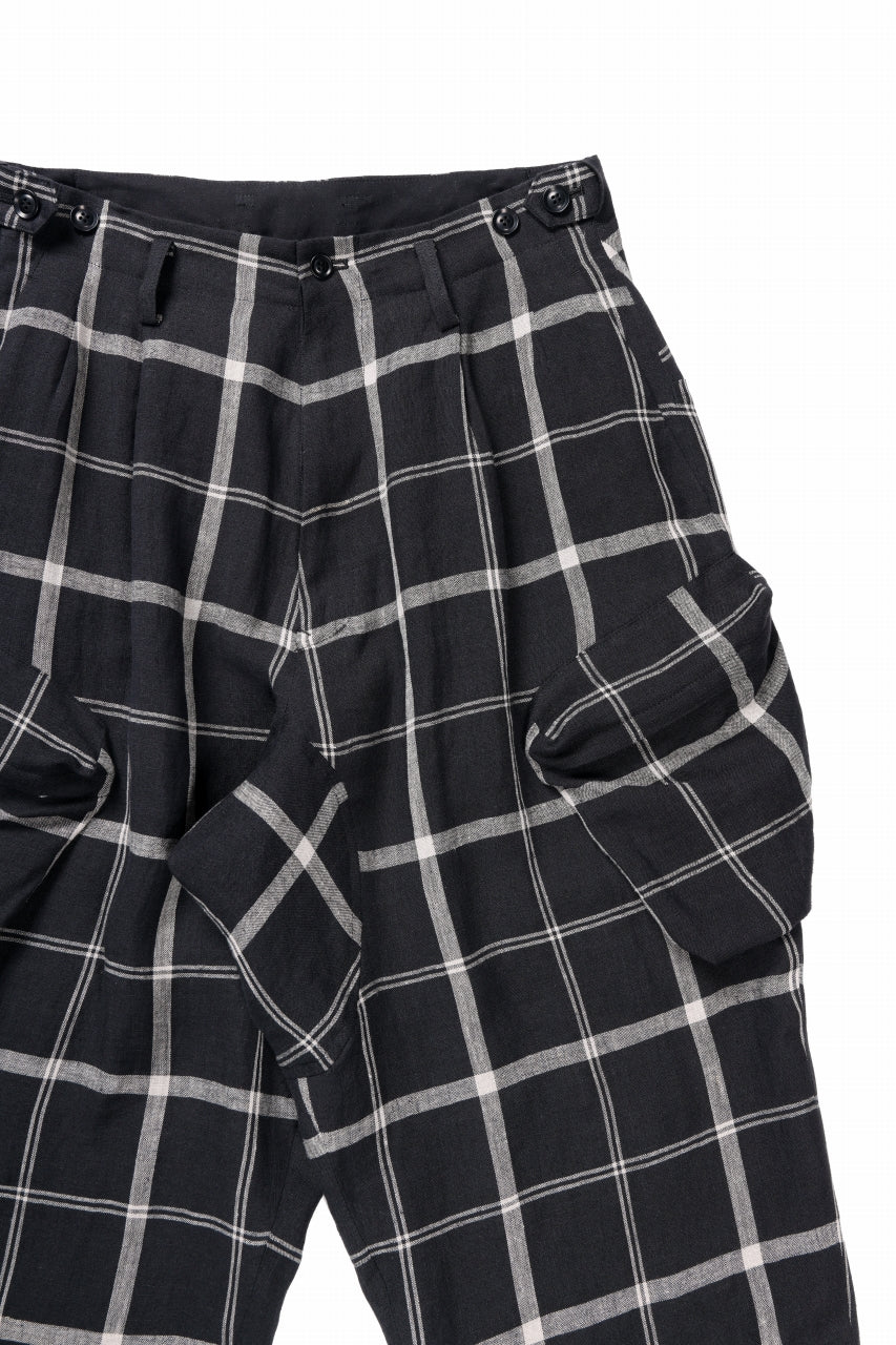 Y's ZIP POCKET TAPERED PANTS / LINEN PLAID (BLACK)