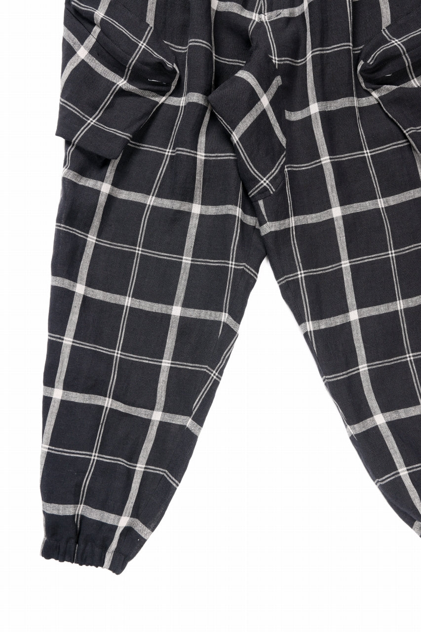 Y's ZIP POCKET TAPERED PANTS / LINEN PLAID (BLACK)