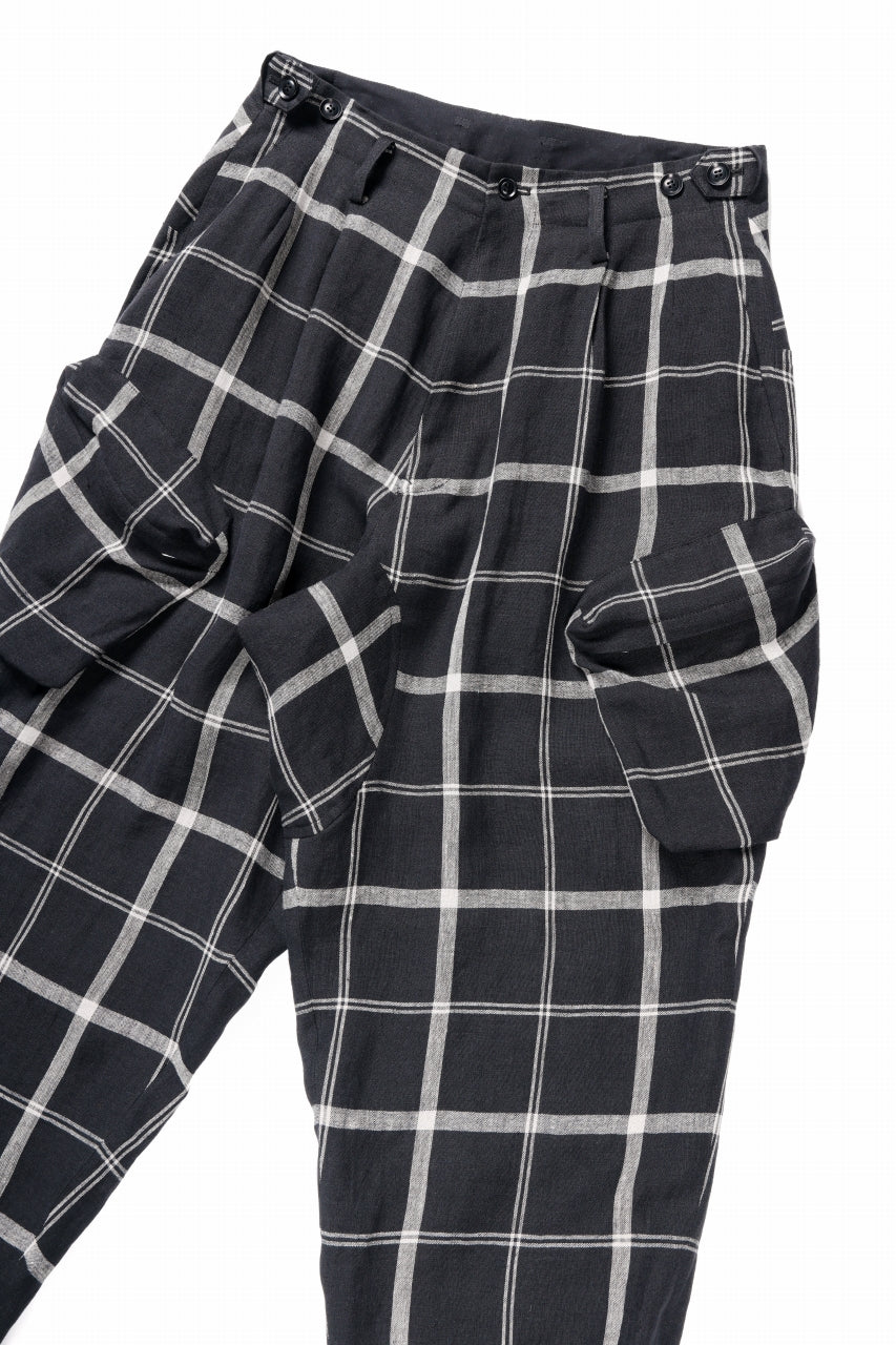 Y's ZIP POCKET TAPERED PANTS / LINEN PLAID (BLACK)