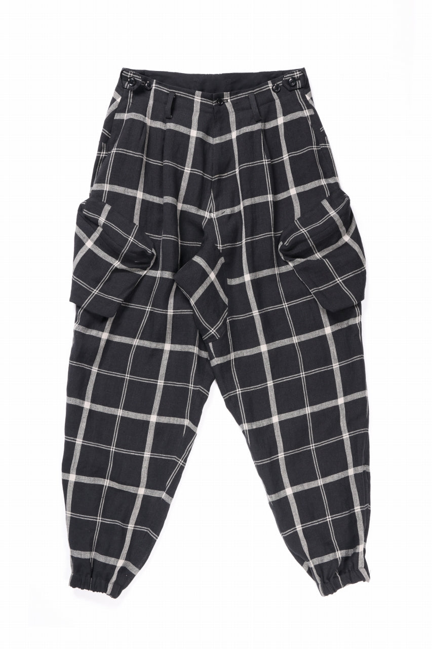 Y's ZIP POCKET TAPERED PANTS / LINEN PLAID (BLACK)