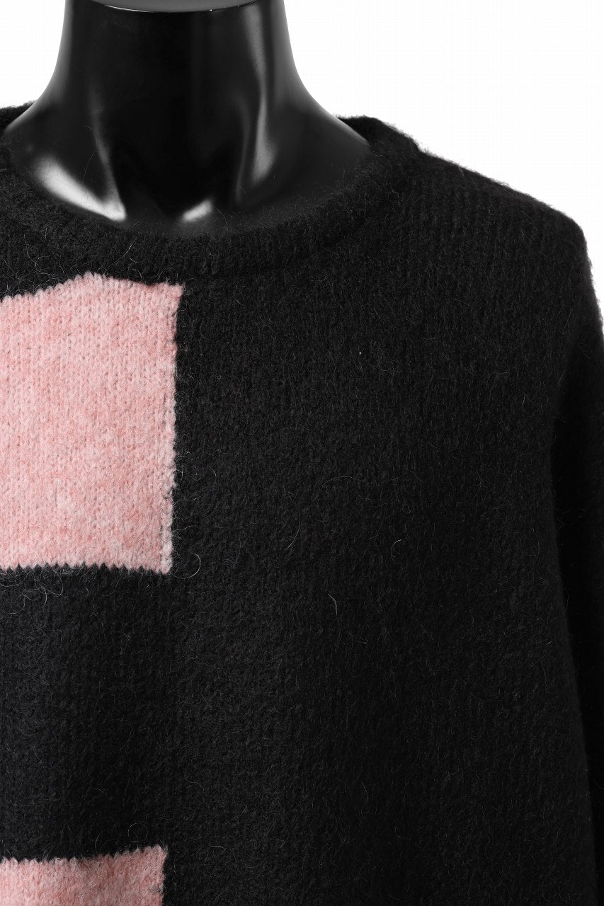 A.F ARTEFACT OVER SIZED BORDER  COMBI KNIT TOPS / MIX WOOL (BLACK x PINK)