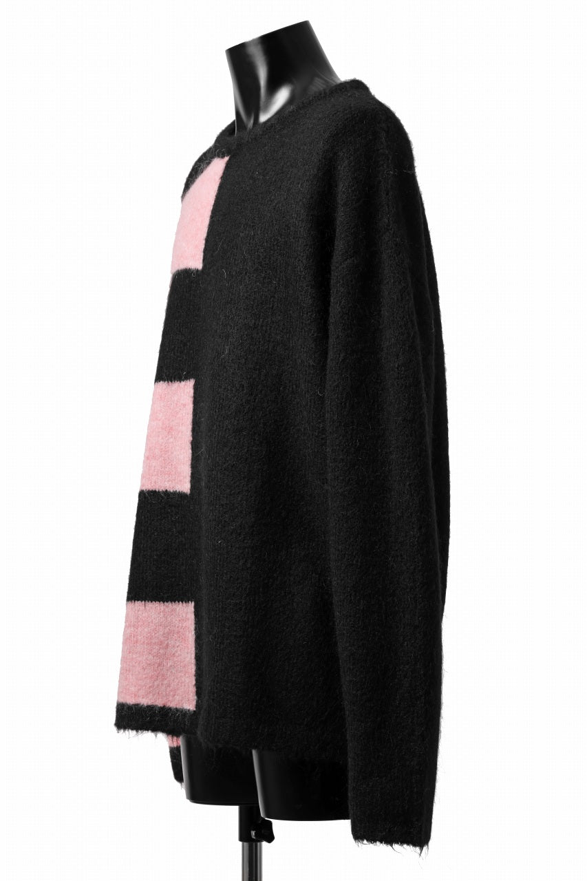 A.F ARTEFACT OVER SIZED BORDER  COMBI KNIT TOPS / MIX WOOL (BLACK x PINK)