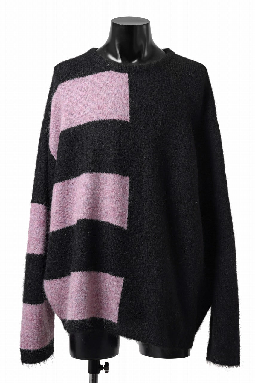 A.F ARTEFACT OVER SIZED BORDER  COMBI KNIT TOPS / MIX WOOL (BLACK x PURPLE)