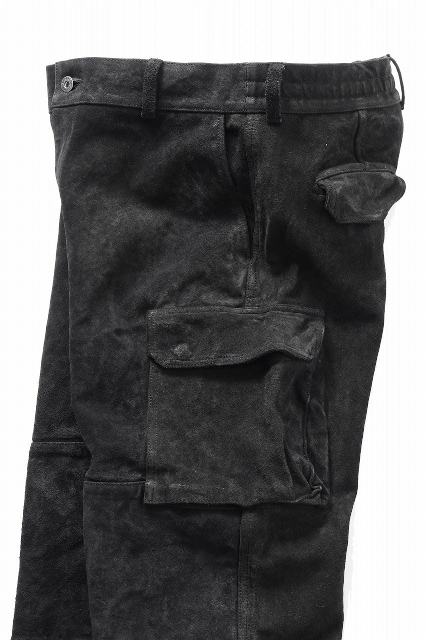 ISAMU KATAYAMA BACKLASH MILITARY TROUSERS M47 / GARMENT DYED JAPAN STEER VELOR SUEDE COMBINATION TANNED (BLACK)