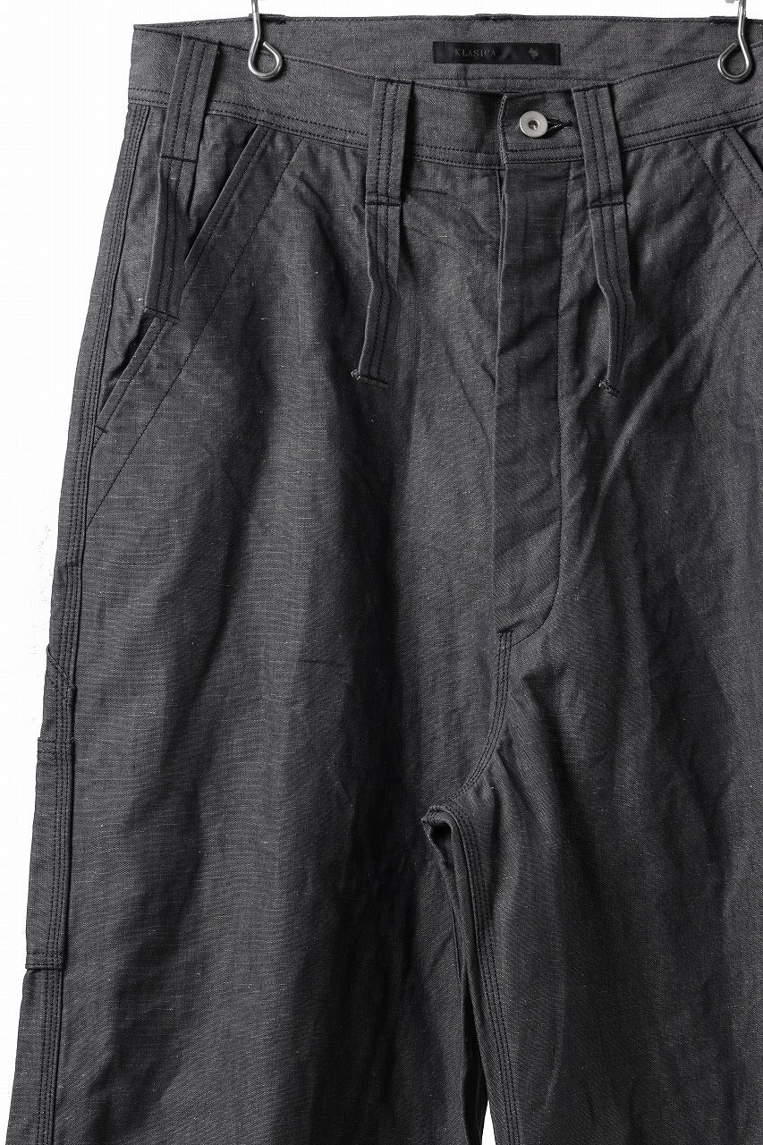 KLASICA "ROCKWELL" LOW CLOTCH APRON WORKER PANTS / 9.7oz COTTON x LINEN CHAMBRAY (GRAY DENIM)