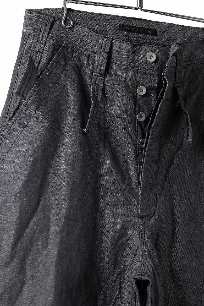 KLASICA "ROCKWELL" LOW CLOTCH APRON WORKER PANTS / 9.7oz COTTON x LINEN CHAMBRAY (GRAY DENIM)