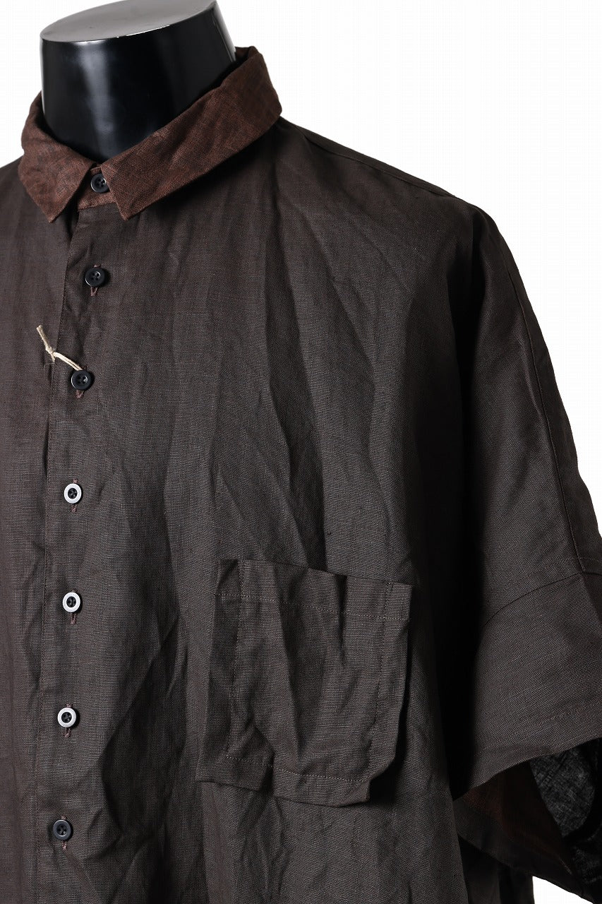 KLASICA "SH-047" EXTRA DROPPED 1/2 SLEEVE SHIRTS / BENGARA & SUMI COATED LINEN (BENGARA)