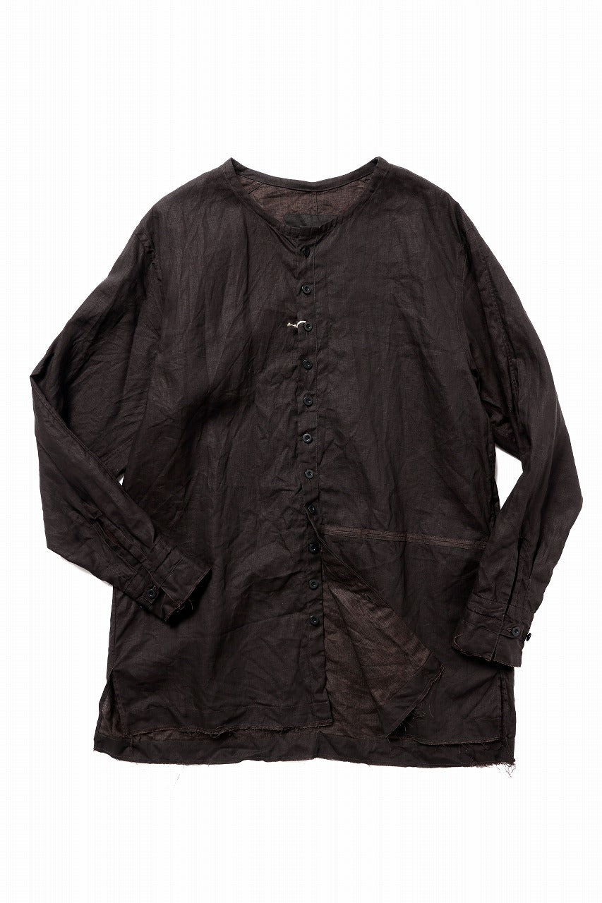 画像をギャラリービューアに読み込む, KLASICA &quot;SH-044&quot; SPLIT RAGLAN COLLAR LESS SHIRTS / BENGARA &amp; SUMI COATED LINEN (BENGARA)