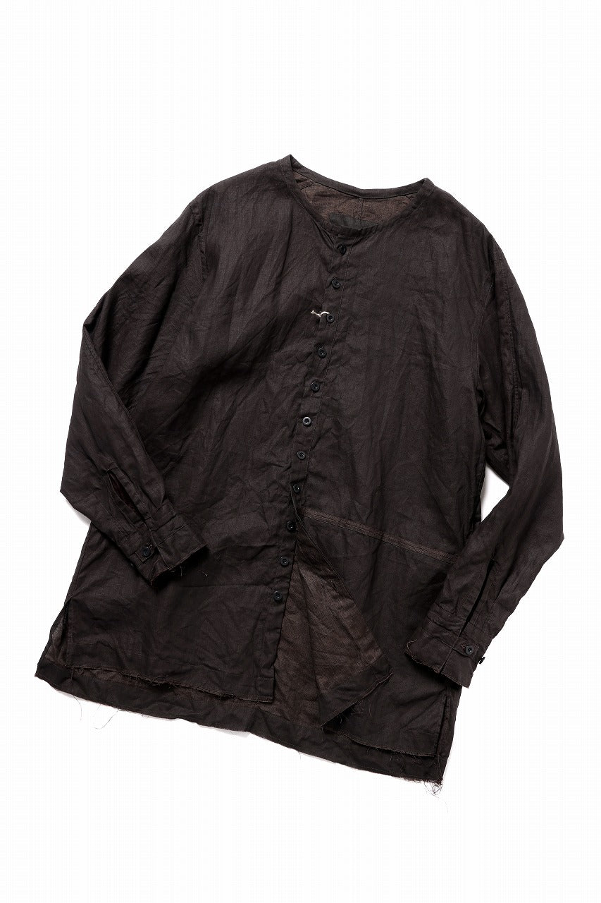 画像をギャラリービューアに読み込む, KLASICA &quot;SH-044&quot; SPLIT RAGLAN COLLAR LESS SHIRTS / BENGARA &amp; SUMI COATED LINEN (BENGARA)