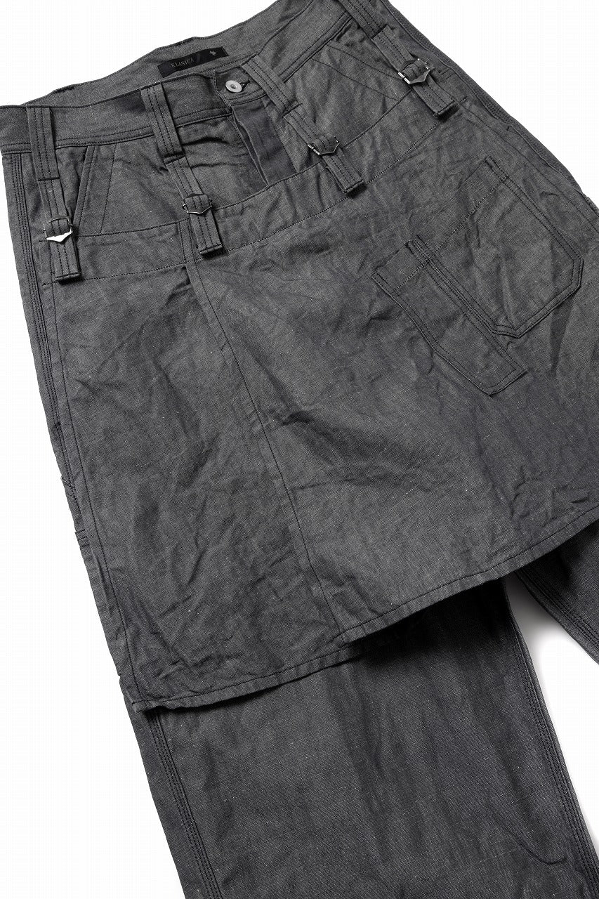 KLASICA "ROCKWELL" LOW CLOTCH APRON WORKER PANTS / 9.7oz COTTON x LINEN CHAMBRAY (GRAY DENIM)