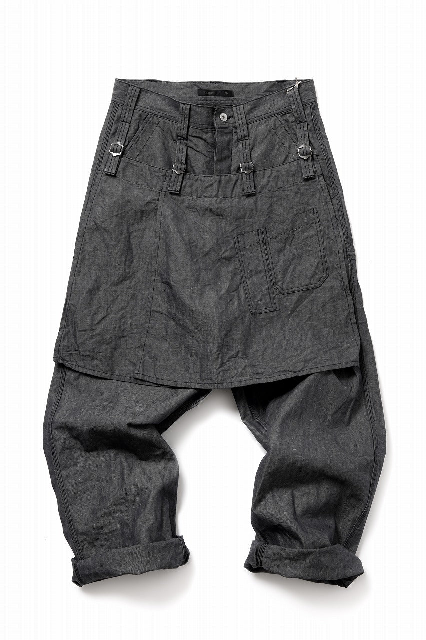 KLASICA "ROCKWELL" LOW CLOTCH APRON WORKER PANTS / 9.7oz COTTON x LINEN CHAMBRAY (GRAY DENIM)