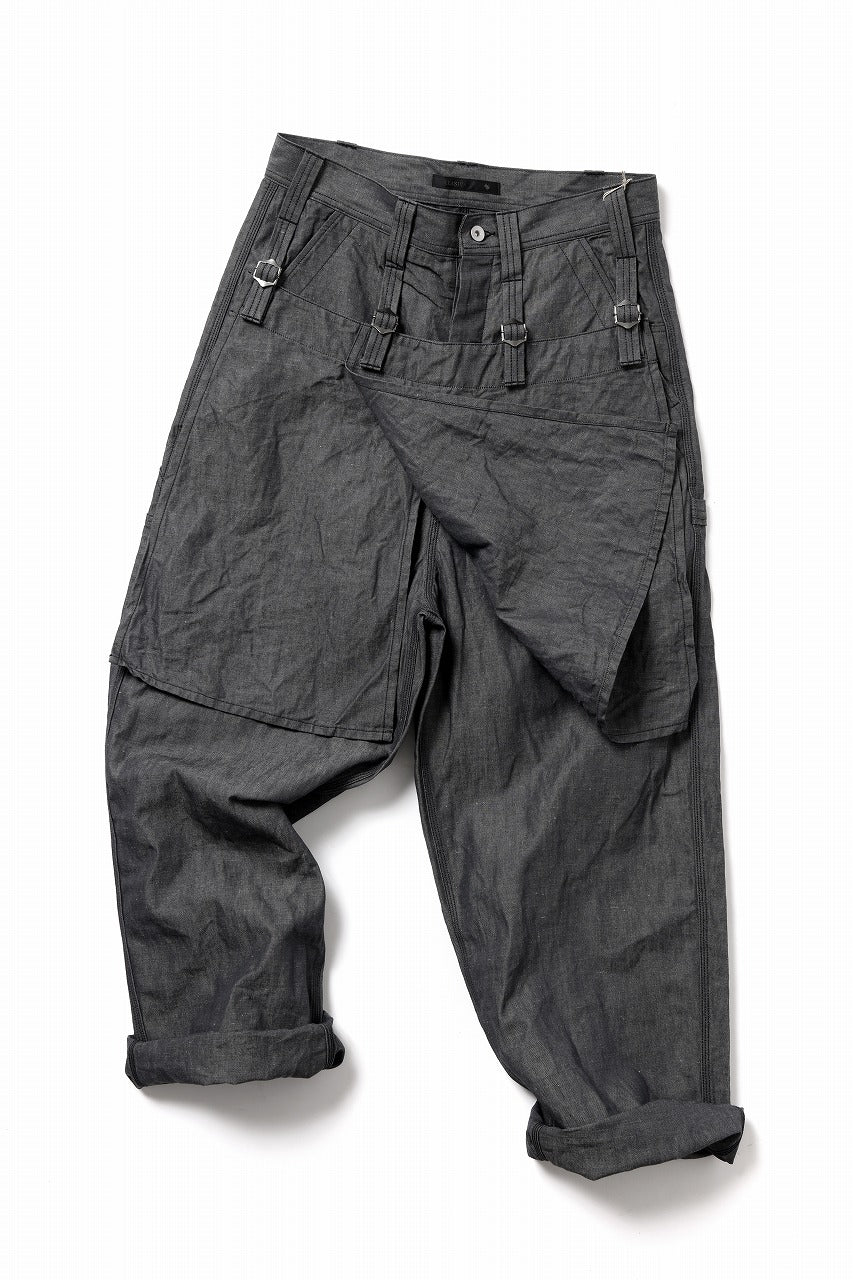 KLASICA "ROCKWELL" LOW CLOTCH APRON WORKER PANTS / 9.7oz COTTON x LINEN CHAMBRAY (GRAY DENIM)