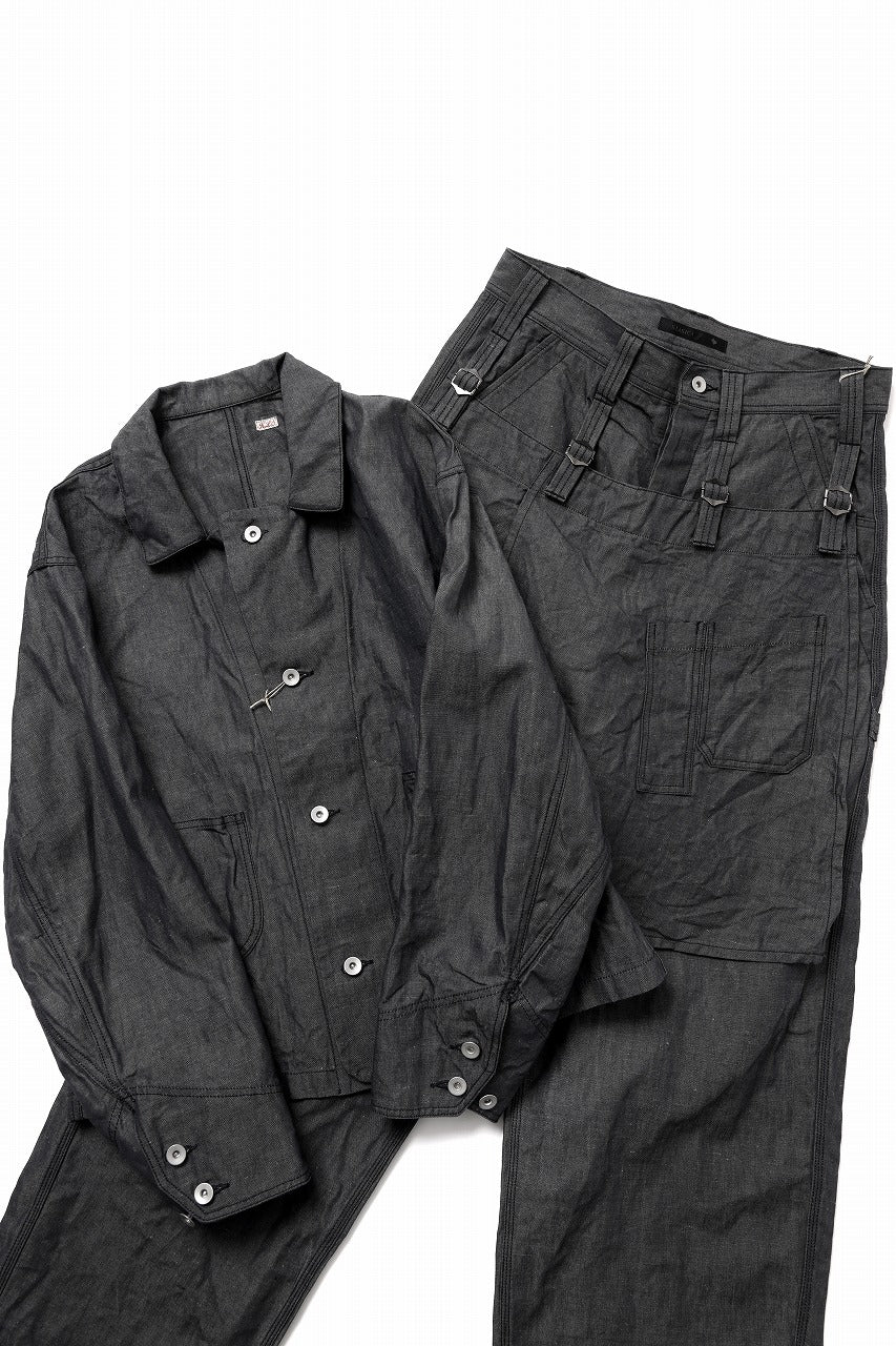 KLASICA "ROCKWELL" LOW CLOTCH APRON WORKER PANTS / 9.7oz COTTON x LINEN CHAMBRAY (GRAY DENIM)