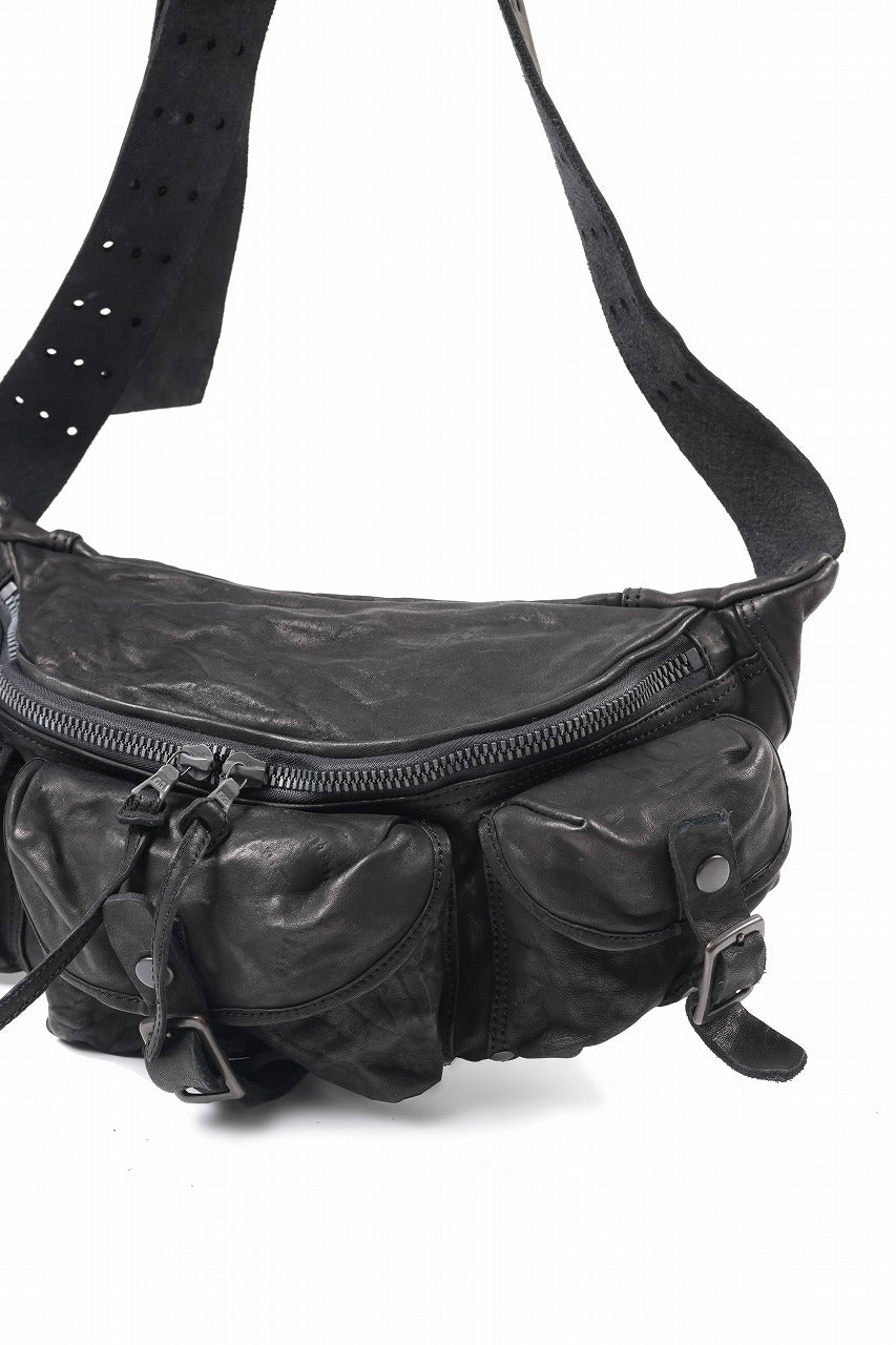 ISAMU KATAYAMA BACKLASH 3 PIN-BELT SHOULDER BAG / OBJECT DYED DOUBLE SHOULDER LEATHER (BLACK)