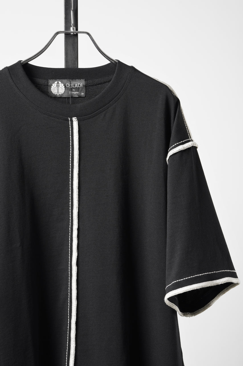 Load image into Gallery viewer, OBLADI BLACK T-SHIRT WIDTH BEIGE OVERLOCK STITCHING (BLACK)