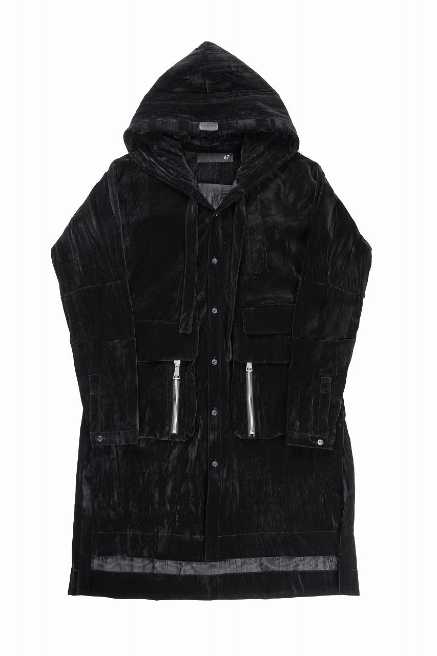 画像をギャラリービューアに読み込む, A.F ARTEFACT HOODED LONG JACKET / WASHER VELOR (BLACK)