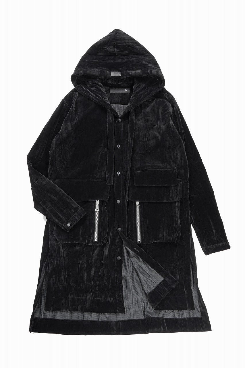 画像をギャラリービューアに読み込む, A.F ARTEFACT HOODED LONG JACKET / WASHER VELOR (BLACK)