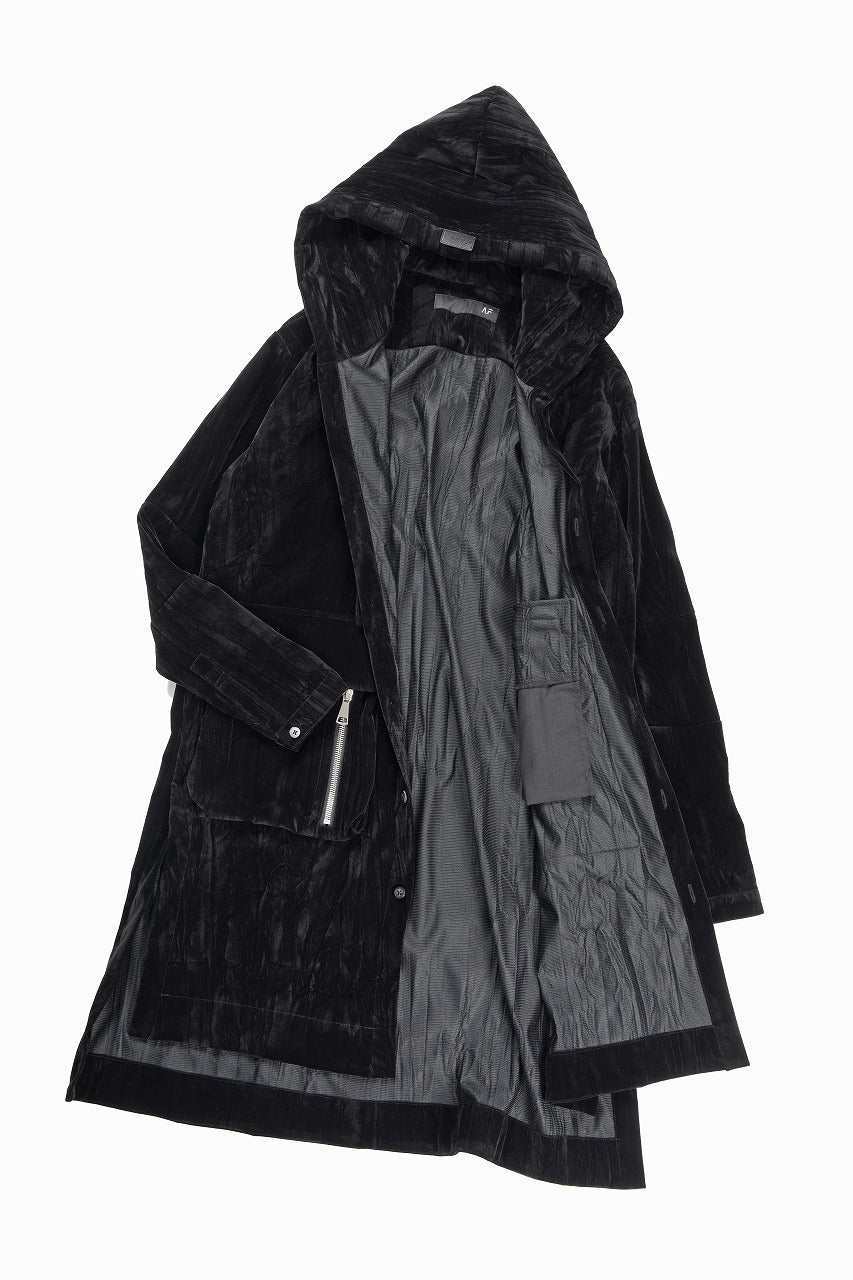 画像をギャラリービューアに読み込む, A.F ARTEFACT HOODED LONG JACKET / WASHER VELOR (BLACK)