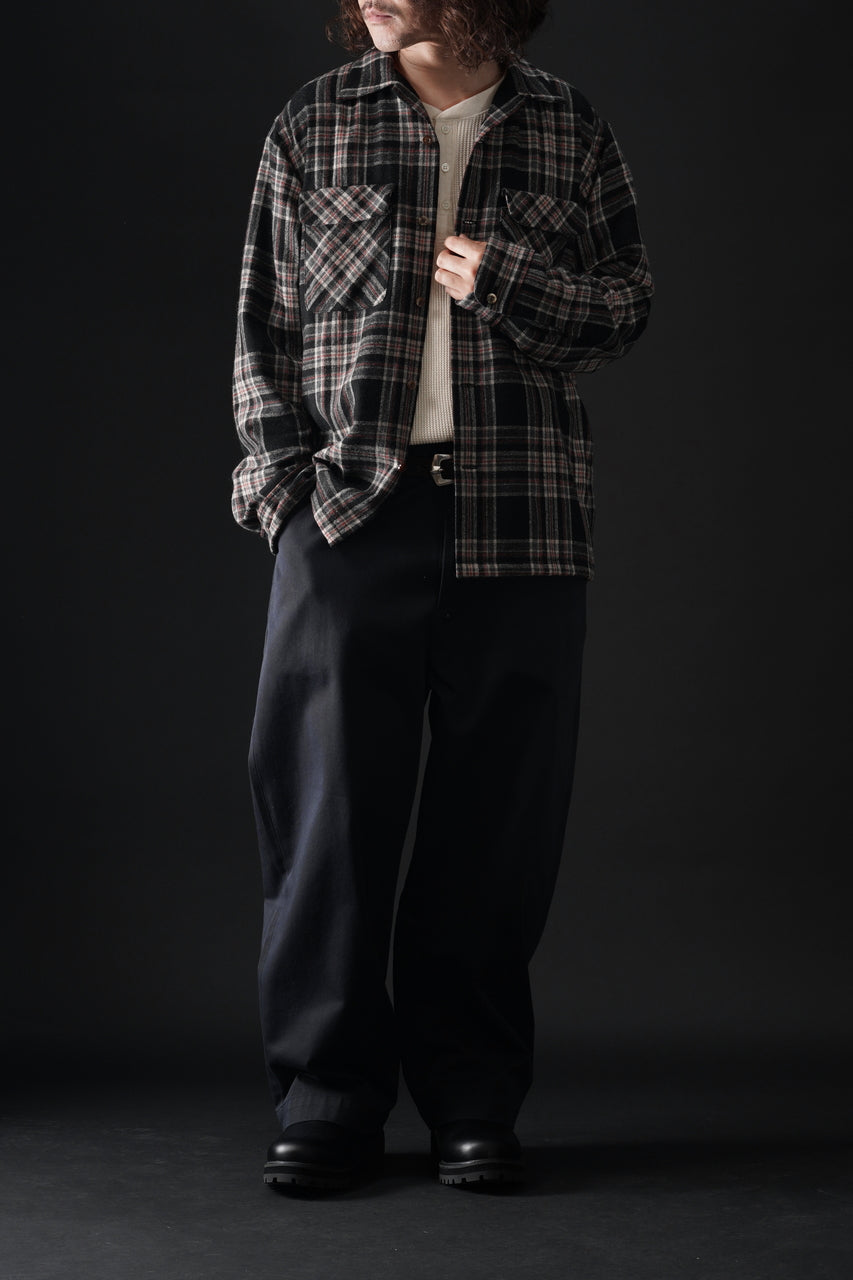 Load image into Gallery viewer, FULLCOUNT OPEN COLLAR SHIRT / WOOL TWILL TARTAN CHECK (BLACK)