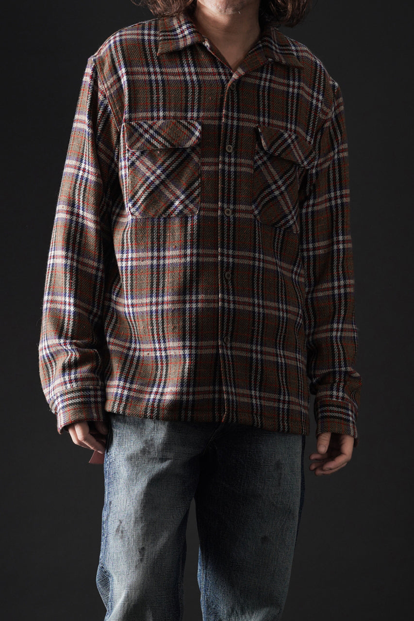 Load image into Gallery viewer, FULLCOUNT OPEN COLLAR SHIRT / WOOL TWILL TARTAN CHECK (KHAKI)