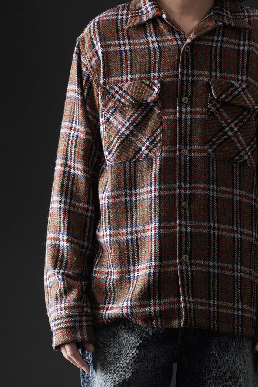 Load image into Gallery viewer, FULLCOUNT OPEN COLLAR SHIRT / WOOL TWILL TARTAN CHECK (KHAKI)