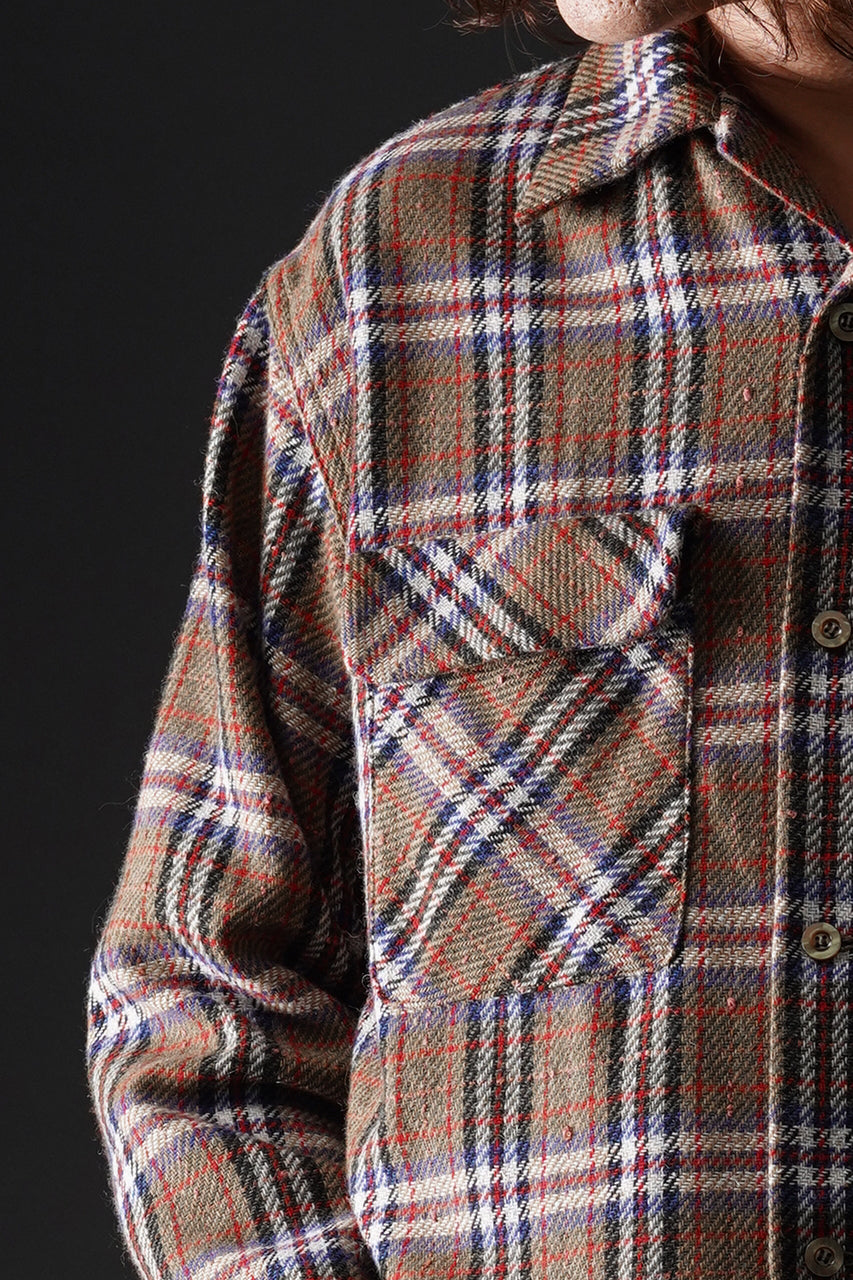 Load image into Gallery viewer, FULLCOUNT OPEN COLLAR SHIRT / WOOL TWILL TARTAN CHECK (KHAKI)