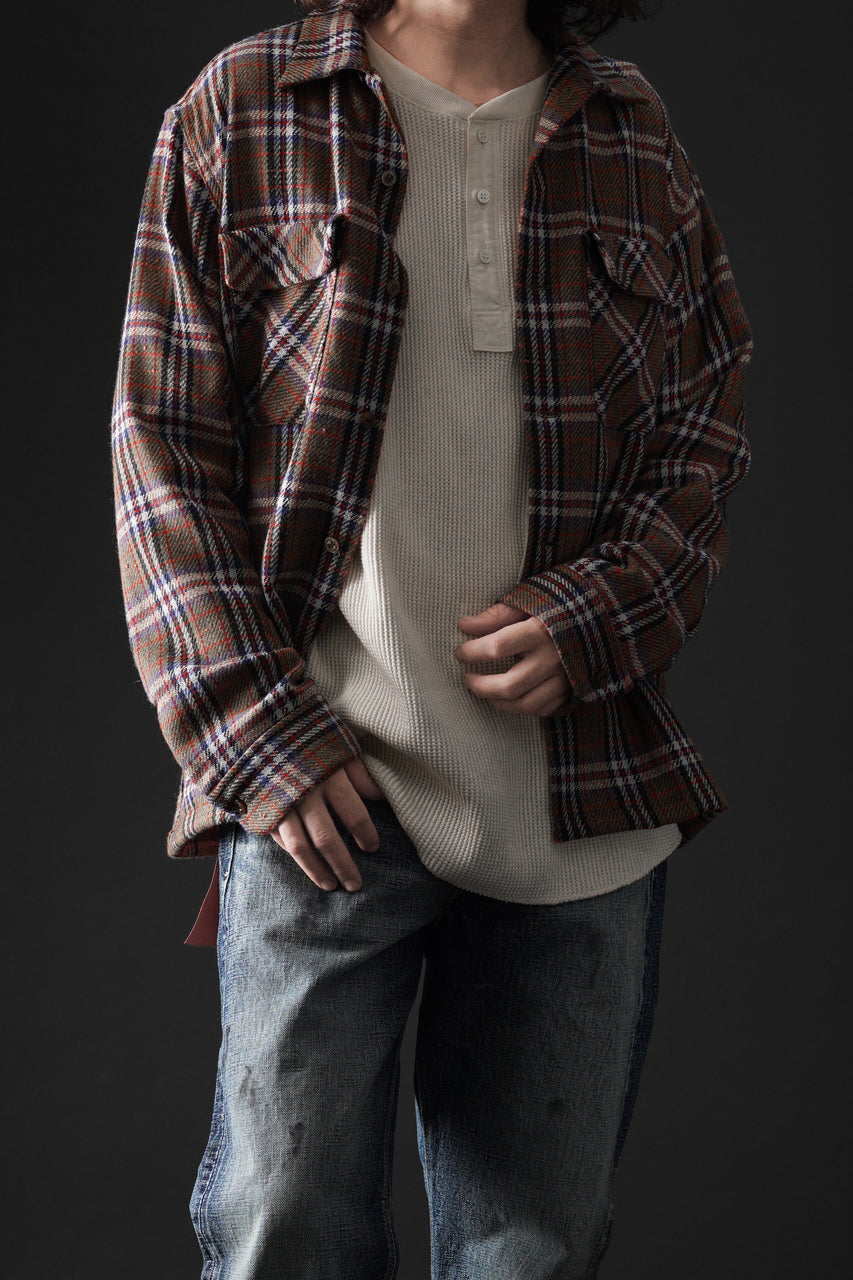 Load image into Gallery viewer, FULLCOUNT OPEN COLLAR SHIRT / WOOL TWILL TARTAN CHECK (KHAKI)
